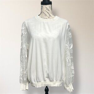 Express XL Ivory Floral Sheer‎ Embroidered Sleeve Boho Cottagecore Blouse